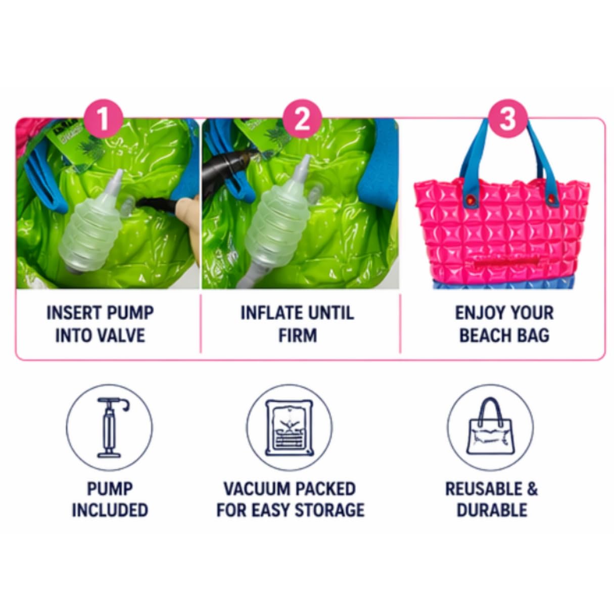 inflatDecor Neon Handbag for Women – Inflatable Puffer Tote Bag with Diamond Pattern – Lightweight Waterproof Beach Bag (Red-Blue, X-Large)