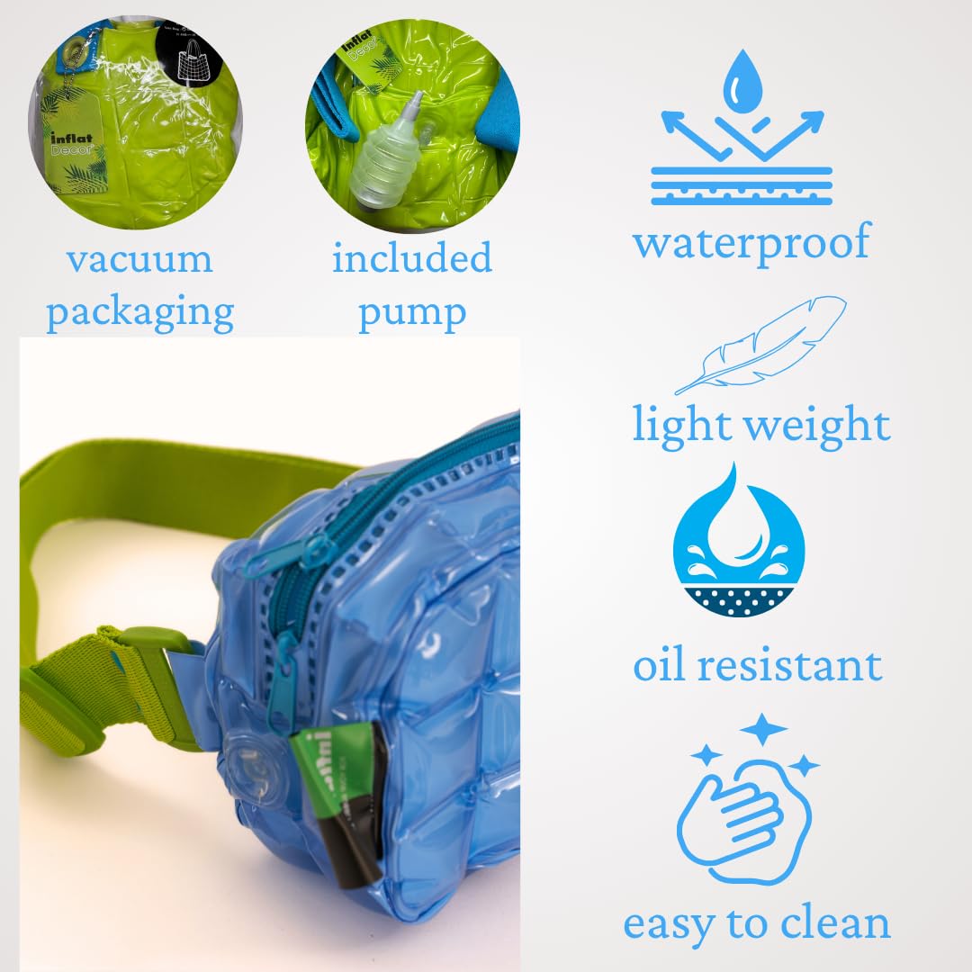 InflatDecor Waterproof Fanny Pack – Inflatable PVC Waist Bag for Women & Men – Neon Green & Blue Crossbody or Shoulder Bag