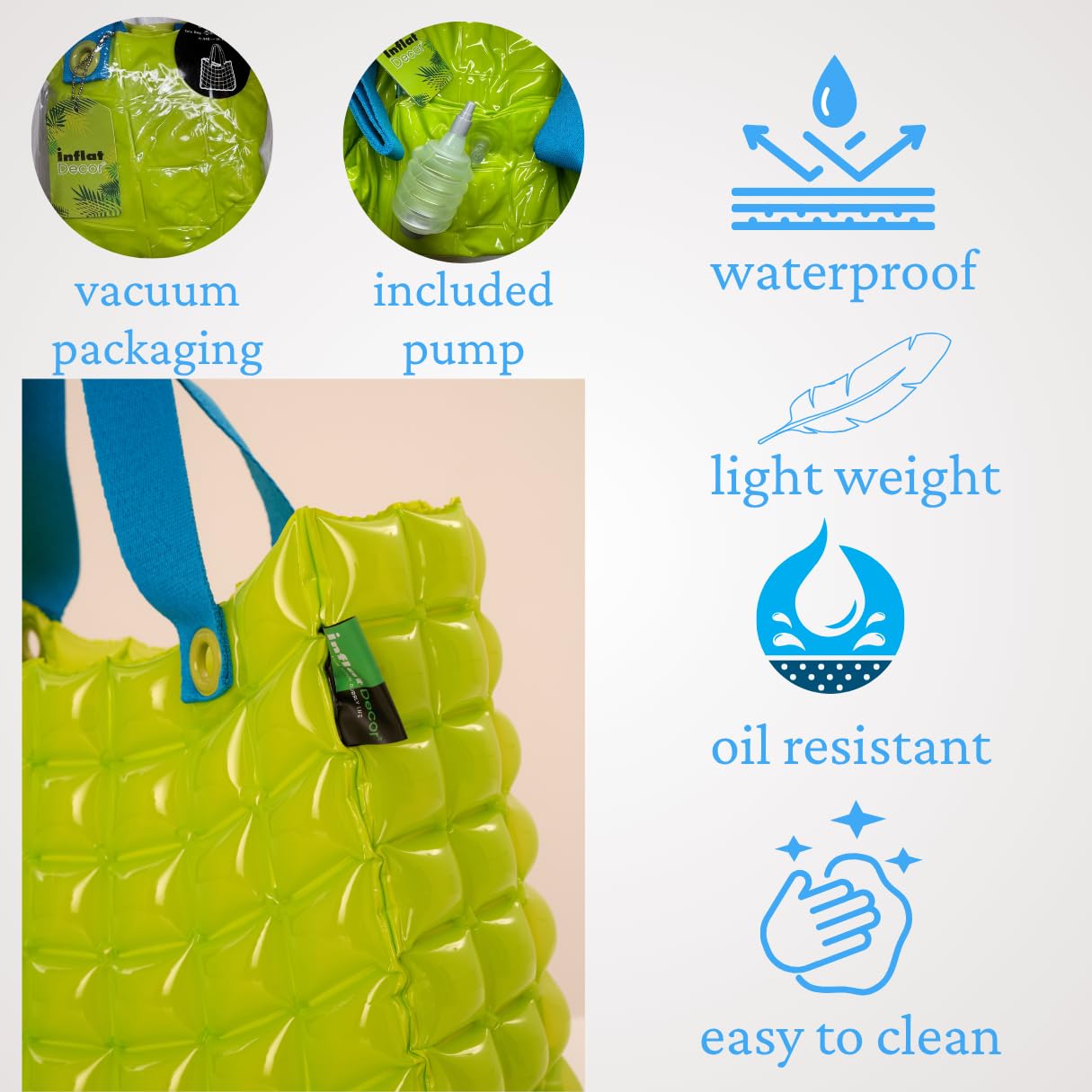 inflatDecor Neon Handbag for Women – Inflatable Puffer Tote Bag with Diamond Pattern – Lightweight Waterproof Beach Bag