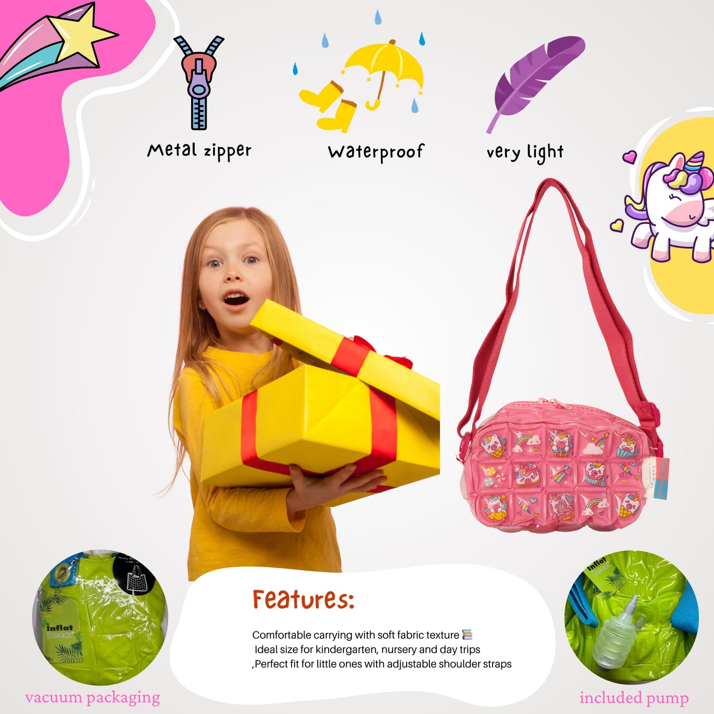 InflatDecor Unicorn Bubble Toddler Purse – Pink Crossbody Kids Bag for Girls – Lightweight Cute Shoulder Bag with Adjustable Strap – Cupcake Design for Little Girls Gifts