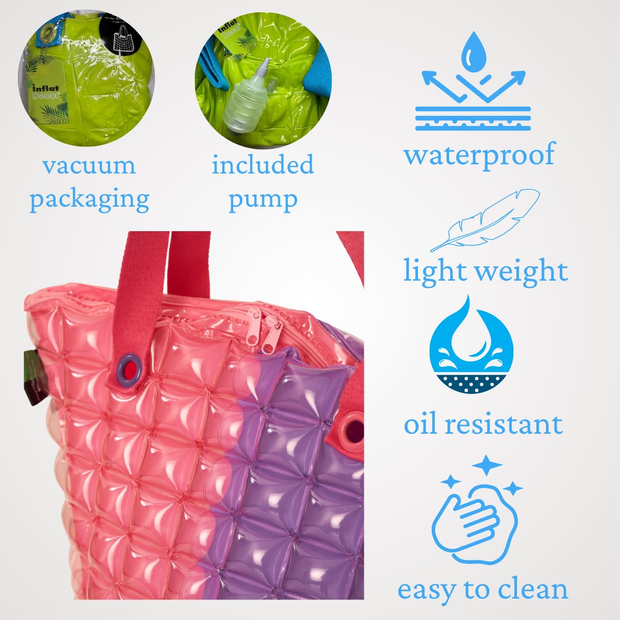 InflatDecor XL Inflatable Beach Bag for Women – Waterproof PVC Beach Tote with Zipper, Large Capacity
