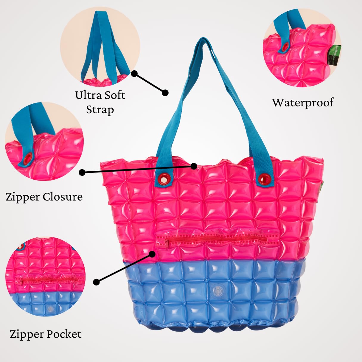 inflatDecor Neon Handbag for Women – Inflatable Puffer Tote Bag with Diamond Pattern – Lightweight Waterproof Beach Bag (Red-Blue, X-Large)
