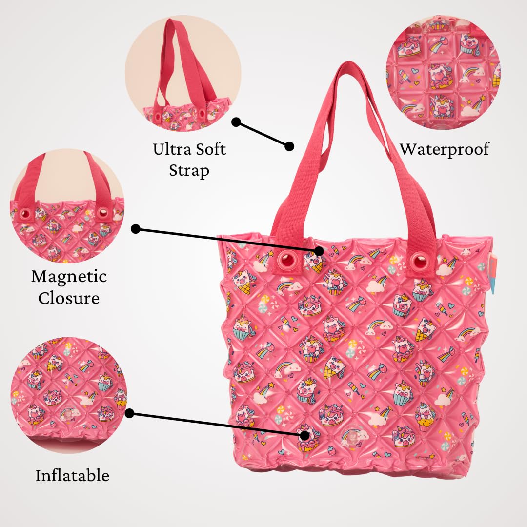 InflatDecor Bubble Beach Bag for Girls – Waterproof Inflatable PVC Tote Bag for Kids Toddler Purse Gift Pink Little Girl Purse Birthday Gift Large Beach Bag for Toys Towels Swimsuit