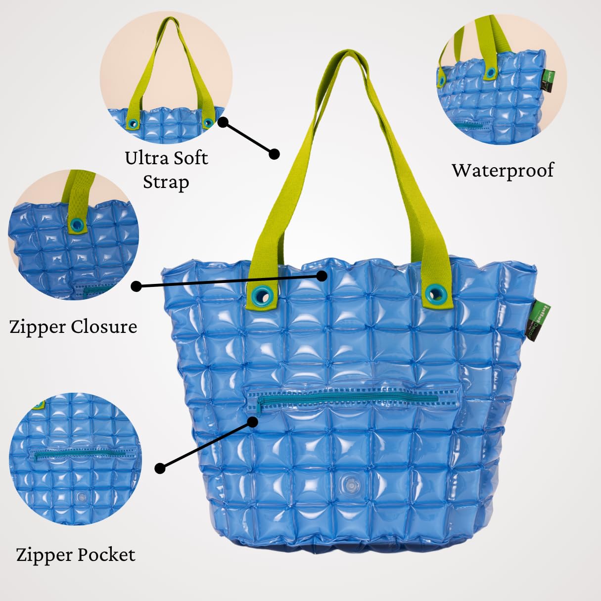 inflatDecor Neon Handbag for Women – Inflatable Puffer Tote Bag with Diamond Pattern – Lightweight Waterproof Beach Bag (Blue, X-Large)