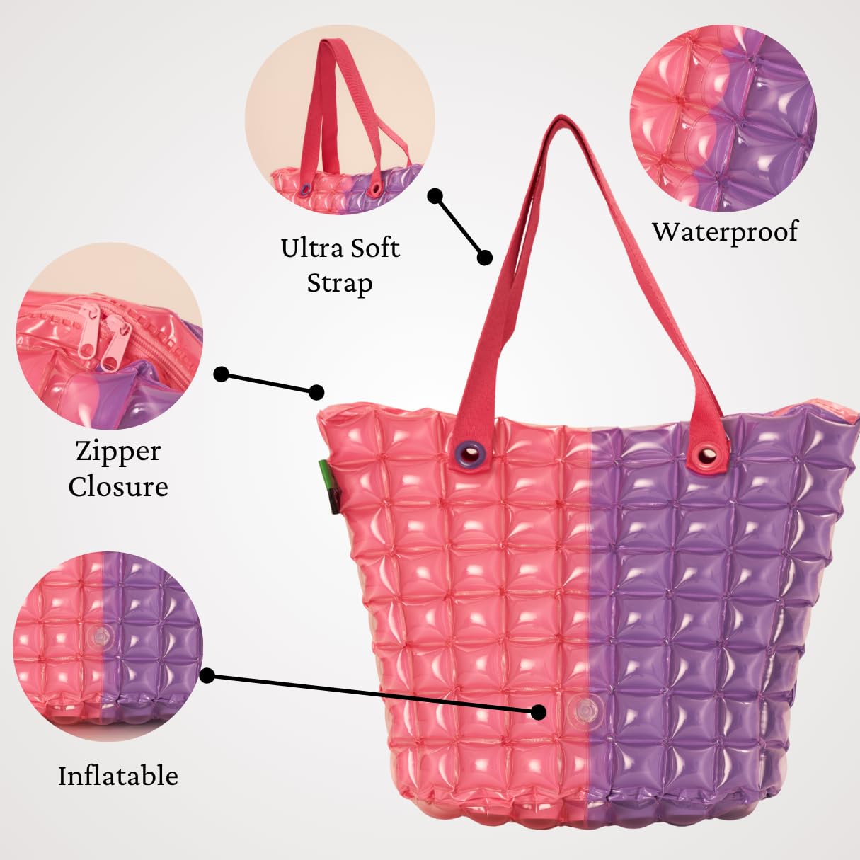 InflatDecor XL Inflatable Beach Bag for Women – Waterproof PVC Beach Tote with Zipper, Large Capacity