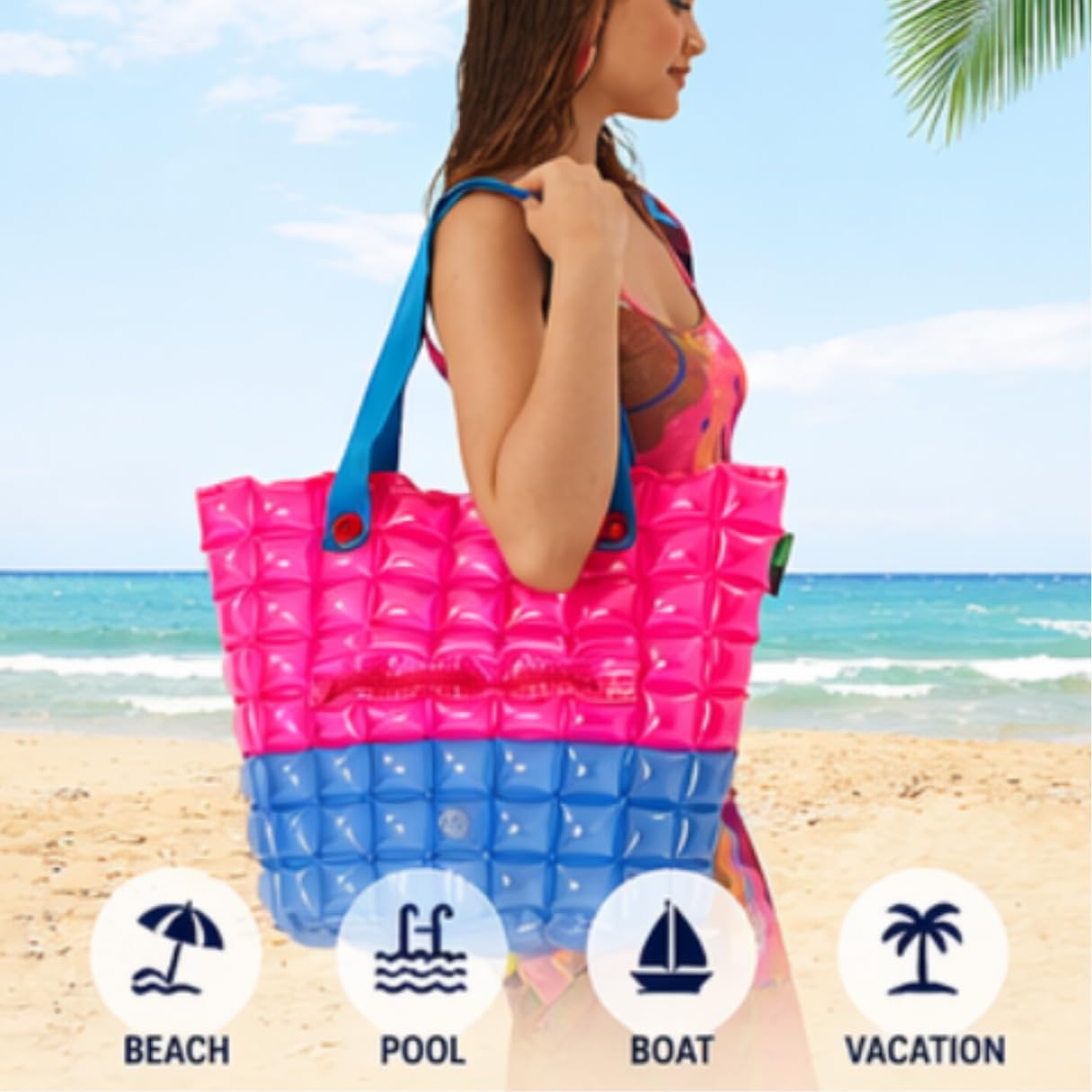 inflatDecor Neon Handbag for Women – Inflatable Puffer Tote Bag with Diamond Pattern – Lightweight Waterproof Beach Bag (Red-Blue, X-Large)