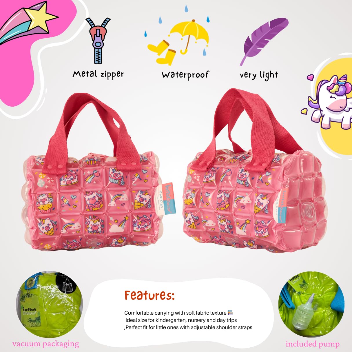 Unicorn Bubble Soft Toddler Girl Purse – InflatDecor Kids Inflatable Crossbody Bag | Cute Pink Shoulder Purse for Little Girls | Lightweight, Adjustable Strap, Fun Fairy Design, Ideal Gift
