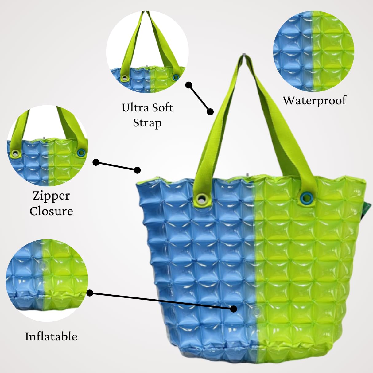 InflatDecor XL Inflatable Beach Bag for Women – Waterproof PVC Beach Tote with Zipper, Large Capacity
