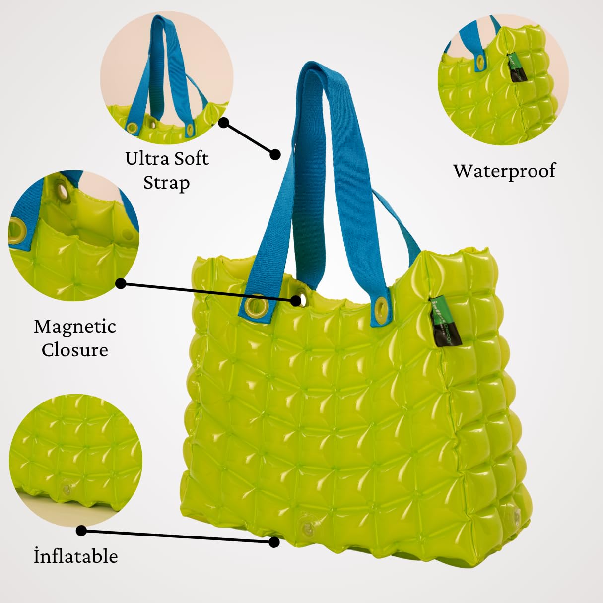 inflatDecor Neon Handbag for Women – Inflatable Puffer Tote Bag with Diamond Pattern – Lightweight Waterproof Beach Bag