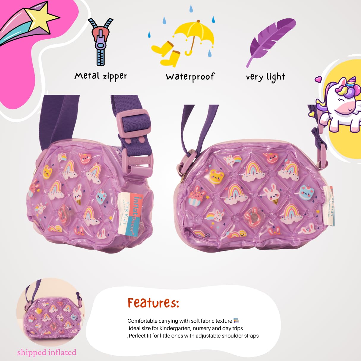 InflatDecor Unicorn Bubble Toddler Girl Purse – Semi Round Crossbody Bag for Little Girls | Purple Soft Kids Handbag | Lightweight Inflatable Gift for Toddlers & Preschoolers