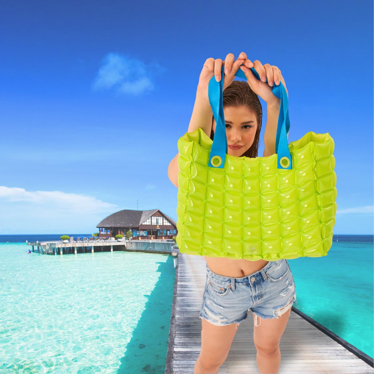 inflatDecor Neon Handbag for Women – Inflatable Puffer Tote Bag with Diamond Pattern – Lightweight Waterproof Beach Bag