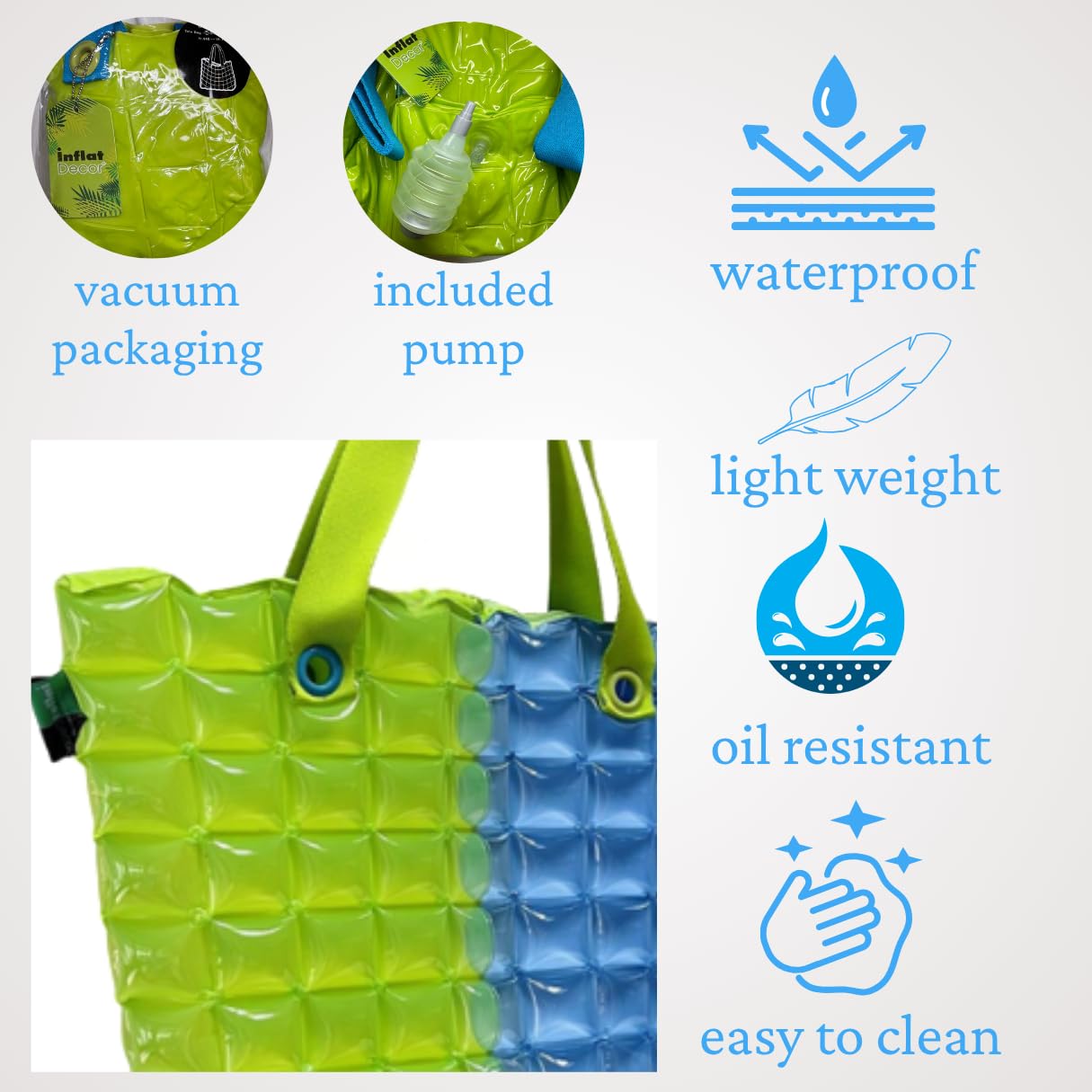 InflatDecor XL Inflatable Beach Bag for Women – Waterproof PVC Beach Tote with Zipper, Large Capacity