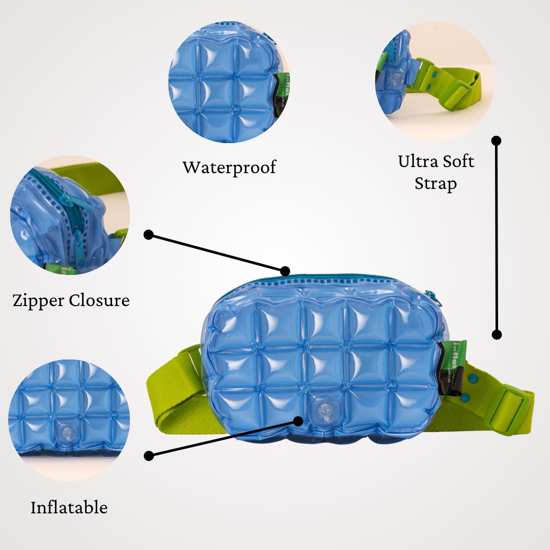 InflatDecor Waterproof Fanny Pack – Inflatable PVC Waist Bag for Women & Men – Neon Green & Blue Crossbody or Shoulder Bag
