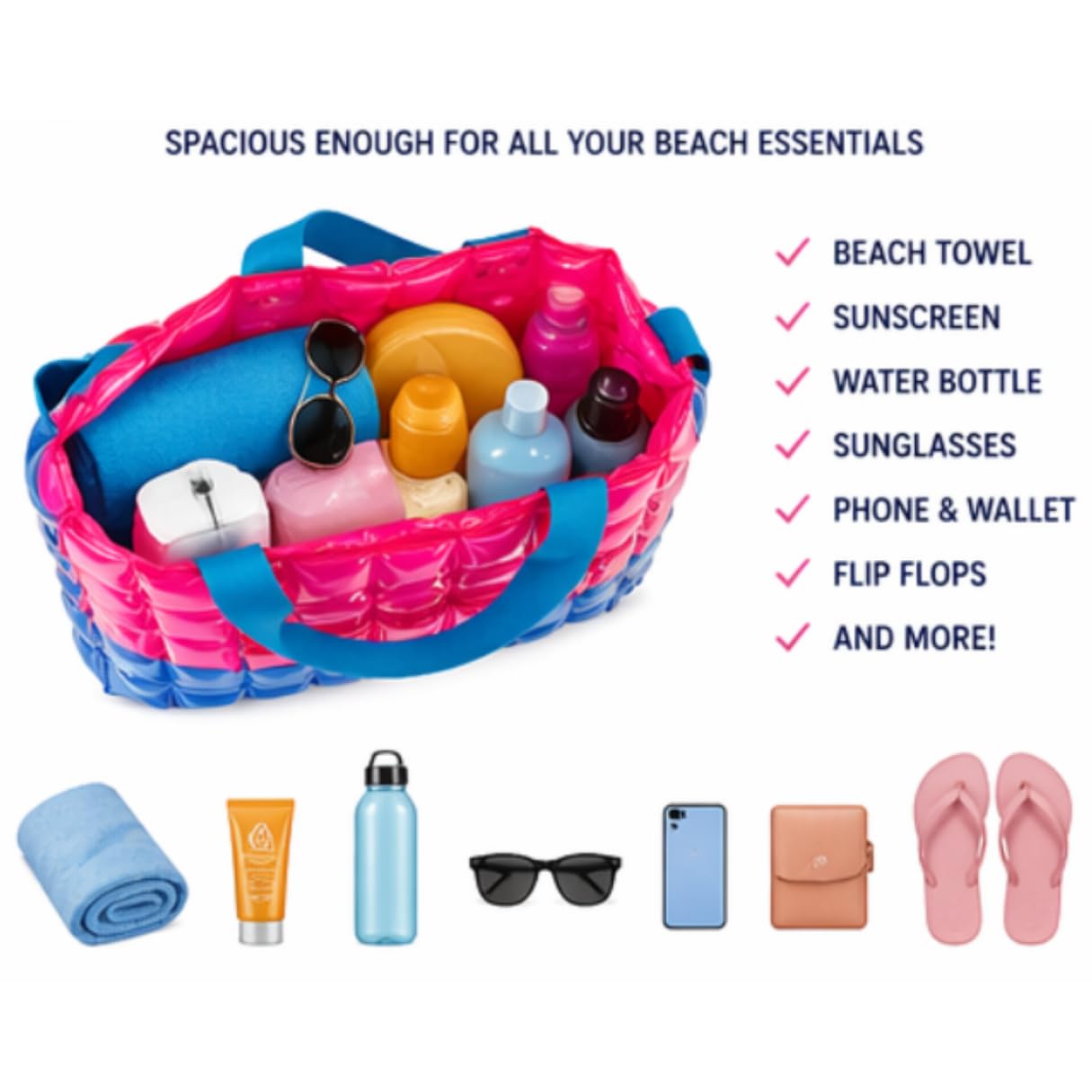 inflatDecor Neon Handbag for Women – Inflatable Puffer Tote Bag with Diamond Pattern – Lightweight Waterproof Beach Bag (Red-Blue, X-Large)